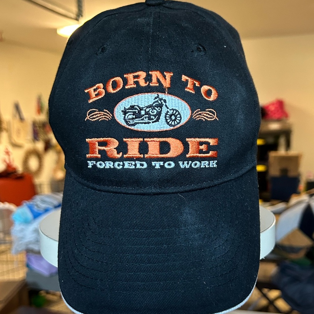 Black Born to Ride forced to work Cap Orange Embroidery trucker hat adjustable